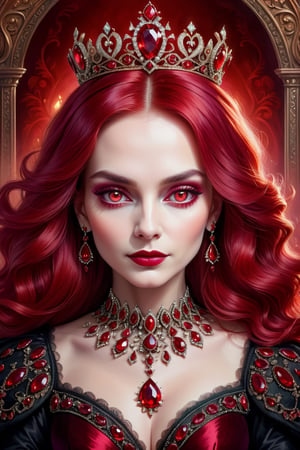 digital art, portrait of The Queen of ruby, 8k, ruby red colored hair, ruby red colored eyes, adorned in rubies red, beautiful, highly detailed, whimsical, fantasy, 