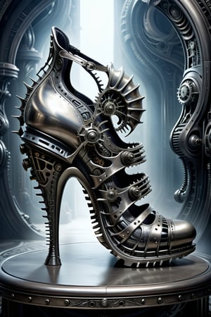 digital art, 8k, picture of a high heel woman's shoe, the shoe is inspired by HR Giger, scary, mechanical, metal, side view of shoe beautiful, highly detailed, whimsical, fantasy, ,more detail XL
