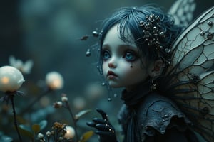 long shot, side view, Create an image of a doll-like figure with large detailed eyes and pale porcelain face. gothic fairy with translucent wings, flitting through a garden of dark flowers and glowing orbs, illuminating the night with her ethereal presence.