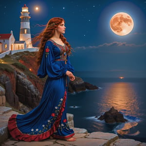 full body portrait, side view, extreme long shot inspired by the magic circle john william waterhouse, pre-raphaelite, a beautiful tall pre-raphaelite woman is smiling closed mouth with long curly vivid red hair and a royal blue elaborate pre-raphaelite gown embroidered with magical symbols is standing near a lighthouse on a cliff overlooking the ocean at night full moon. her hands have twelve fingers. the detailed background is of a rocky rugged coast. there is a full moon in the sky. john william waterhouse, pre-raphaelite