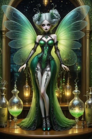 full body shot, a beautiful stunning fairy woman stands at a french absinthe bar at night. bottles of absinthe and a glass of green absinthe is on the table in front of her. she has gossamer glittery irradescent fairy wings, her beautiful fairy outfit is a fusion of elaborate rococo, high fashion gothic, brocade rich fabrics, rich colors. she has large, round eyes. perfect female anatomy, goth person, pastel goth, dal, Gaelic Pattern Style,
