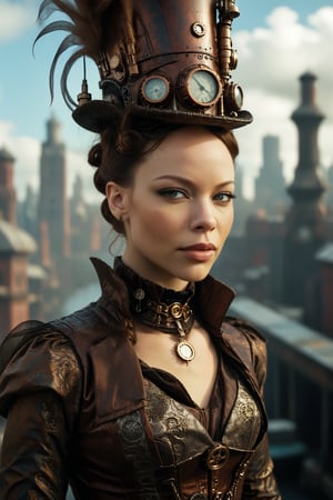 medium shot of 1girl, a serene and beautiful 
Rebecca Ferguson with a closed mouth smile. she is dressed in an elaborate steampunk outfit. behind her is a steampunk cityscape.