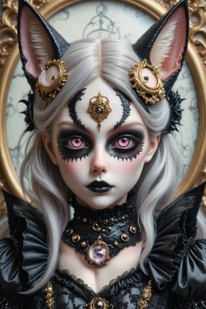 close up portrait of a beautiful stunning cat woman, a fusion of elaborate rococo, gothic, lolita and punk. she has round large big copper eyes. she has elaborate gothic make-up, cat ears, she wears an elaborate gothic outfit. perfect female anatomy, goth person, pastel goth, dal, Gaelic Pattern Style,