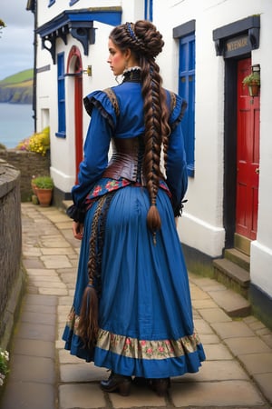 extreme long shot full body shot, rear view. by john william waterhouse, pre-raphaelite, a beautiful pre-raphaelite victorian, tall young woman on a street in clovelly old fishing village Devon England she has long black curly hair in elaborate braids and buns and blue eyes. she wears an elaborate victorian outfit, long earrings, elaborate necklace, corset, long skirt, jacket, victorian black boots. john william waterhouse, pre-raphaelite, perfect female anatomy.