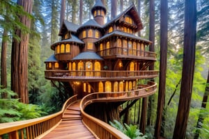 ((masterpiece)), (((best quality))), ((ultra-detailed)), beautiful elaborate exclusive well appointed treehouse deep in a lush green redwood forest,  the tree house is spacious, 3 stories high.  gorgeous art nouveau style architecture, one side of the treehouse is open, revealing the spiral staircase and living room, there is a large wooden deck around the perimeter of the treehouse, shafts of light shine through the canopy, beautiful blue sky,,aw0k euphoric style,aw0k euphoricred style, long shot from above looking down
