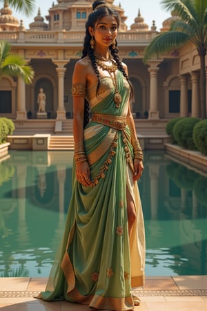 long shot, full body shot, realistic photgraphic image of young stunningly gorgeous and beautiful exotic asian indian woman in Ancient India. she has a sweet sensual closed mouth smile, stunning big green realistic eyes, rich colorful make-up and kohl on her eyes, hair in elaborate braids and buns, she wears an ancient indian dress in silk, cotton and linen fabrics, colors of green beige and gold, which is richly and elaborately decorated, with embroidery and rich jewels, gold jewelry and ornaments, flat  sandals on her feet. her outfit and posture displays her wealth, behind her is the detailed realistic background of an Ancient Indian temple on the banks of a beautiful river, lush flora surrounds the temple with richly colored symmetrical Indian art, mythology and spiritual scenes decorating the walls, ancient hindu statues, small mosaic marble decorative pool with deep blue water blue, marble benches, palm, coconut, mango trees