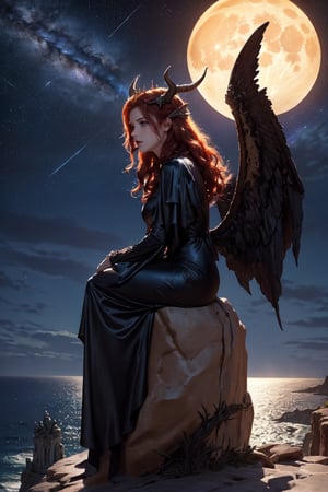 extreme long shot, side view, michael parkes style, a stunning beautiful young queen of gargoyles with gargoyle wings, horns, thick voluminous long curly vivid red hair sitting on the ledge of a very tall castle next to a cliff above the ocean below on a rocky deserted coastline. she is not looking at the camera. she is wearing an elaborate long black gown. its night time with a full moon. dark blue black sky & stars are in the sky. gargoyles flying in the night sky.  michael parkes, zoom out.,1girl,Masterpiece,SD 1.5,realistic,fashion_girl,more detail XL,extremely detailed,zavy-hrglw