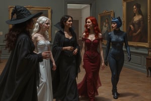 a beautiful young female witch with long curly black hair, pointy witch cap, witch outfit, beautiful young ghostly woman with white hair, the whitest pale skin, white dress, beautiful female vampire with vivid big long red hair, big red lips wearing a red victorian inspired velvet corsett dress, and beautiful cat woman, with cat ears and short blunt cut blue hair with bangs wearing a skin tight dark blue leather body suit are walking in an art gallery talking about the oil paintings in elaborate wood frames, they are laughing and talking with each other. perfect anatomy, perfect hands, perfect faces.