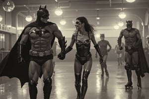 long shot, full body shot, a realistic, detailed, photograph, b&w black and white sepia photo, showing a roller skating rink. batman in his detailed batman costume as he holds hands with cat woman in her detailed sexy cat woman costume. the couple are smiling and roller skating fast. other superheroes are roller skating in the background. a mirrorball is glittering, the atmosphere is eerie and strange.