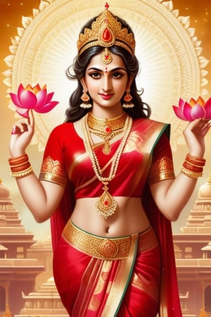 full body shot, Lakshmi is a Hindu goddess of prosperity and wealth, elaborate and intricate indian female costume in colors of red and gold, she is wearing elaborate gold necklaces earrings rings on her fingers and bangles on her arms, gold nose ring, serene beautiful face, Lakshmi is surrounded by lotus flowers, she is glowing, illuminated, a holy goddess, with an elaborate gold crown, detailed background of the heavens, clouds stars, ,Detailedface,1girl,Masterpiece,Saree, full body,realhands,Indian,1 girl,Indian Designer Dress,more detail XL,fashion_girl