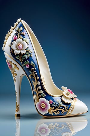 digital art, 8k, picture of a high heel woman's shoe, the woman's shoe is made out of bone china with a detailed Royal Albert pattern, whimsical, side view of shoe beautiful, highly detailed, whimsical, fantasy, ,more detail XL