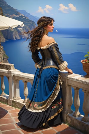 extreme long shot full body shot, side view. by john william waterhouse, pre-raphaelite, a beautiful pre-raphaelite victorian, tall young woman stands looking at the amalfi coast italy. she has long black curly hair. she wears an elaborate victorian outfit, long earrings, elaborate necklace, corset, long skirt, jacket, victorian black boots. detailed background of amalfi coast. john william waterhouse, pre-raphaelite, perfect female anatomy.