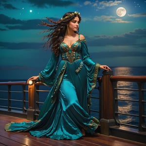 full body portrait, side view, extreme long shot inspired by john william waterhouse, pre-raphaelite, a beautiful tall pre-raphaelite woman is smiling closed mouth with long curly jet black hair and a teal green elaborate pre-raphaelite gown is standing on the deck of a wooded ship overlooking the ocean at night. her hands have twelve fingers. the detailed background is of the ocean at night, there is a full moon high in the sky. john william waterhouse, pre-raphaelite