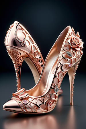 digital art, 8k, picture of one high heel woman's shoe, made of rose gold precious metal with an intricate pattern, whimsical, side view of shoe beautiful, highly detailed, whimsical, fantasy,,more detail XL