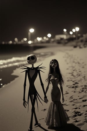 long shot, a realistic, detailed, photograph, b&w black and white sepia photo, showing a beautiful southern california deserted beach. the animated cartoon character Jack Skellington from nightmare before christmas and his animated cartoon girlfriend sally, walking side by side on a beach at night. the atmosphere is eerie and strange.