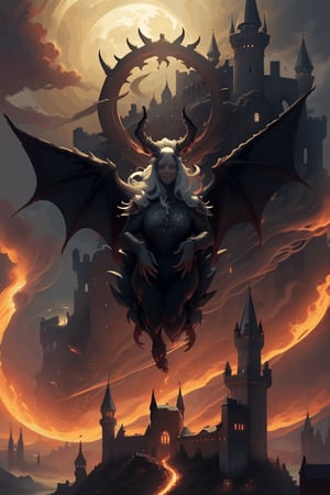beautiful Woman with dragon wings and devil horns, floating in the sky, slowly descending to the ground, long white hair, slim, tall body, detailed background of a medieval castle at night with the full moon on a cliff, fire, smoke, Fantasy ,leonardo,More Detail,Circle