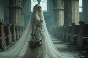 long shot, side view, A sad beautiful ghostly bride in a crumbling church, with long flowing white hair and a tattered wedding dress, blue eyes that tell a story of sorrow, carrying a wilted bouquet that symbolizes lost love, soft lighting.