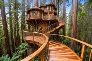 ((masterpiece)), (((best quality))), ((ultra-detailed)), beautiful elaborate exclusive well appointed treehouse deep in a lush redwood forest, rope bridges hang in between the house and trees in the forest, spacious treehouse. the tree house is 3 stories high with a spiral staircase up toe the 2nd and 3rd floors. gorgeous art nouveau style architecture, one side of the treehouse is open, revealing the spiral staircase, there is a large wooden deck around the perimeter of the treehouse, shafts of light through the canopy, beautiful blue sky,,aw0k euphoric style,aw0k euphoricred style, long shot from above looking down
