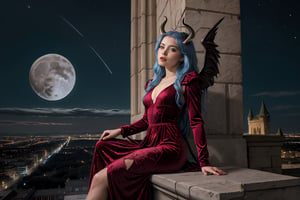 extreme long shot, michael parkes style, a beautiful young queen of gargoyles with gargoyle wings, horns, thick voluminous long blue hair is sitting on the ledge of a very tall castle. she is wearing an elaborate long velvet gown. she is sitting next to a gargoyle. its night time with a full moon. dark sky & stars are in the sky.  michael parkes, zoom out.,1girl,Masterpiece,SD 1.5,realistic