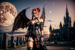 High definition vivid masterpiece, a beautiful vampire woman with red hair, elaborate braids, hair buns, messy hair, blowing hair, red glowing big detailed eyes, large tattered devil wings, realistic, steampunk, night time, in front of a gothic castle, gravestones, full moon, starry sky, dreamy, fantasy, mythical, magical, steampunk mechanical glowing full moon, light shafts, detailed background, boots, full body,horror,Makeup,Masterpiece, full body,realistic