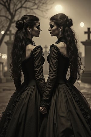 a realistic, detailed, photograph portrait, b&w black and white sepia photo, two beautiful gothic twins, elaborate gothic dresses, long black hair in elaborate braids and buns, dark gothic make-up are standing in a cemetary at night holding hands. they are in their gothic costumes. the atmosphere is eerie and strange.