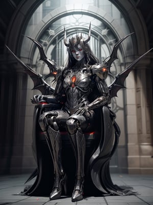 portrait of a cyborg android demon queen, pure evil, glowing red eyes, full body shot, very long talons on her hands, razor sharp mecha metal wings on fire and glowing, metal horns, fierce, detailed background of the queen sitting on a metal, gieger throne android throne room blood dripping down the walls, full body, cyborg