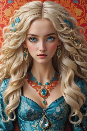 combine all of the below to make a beautiful icelandic woman, light blonde long curly hair wearing an elaborate icelandic inspired necklace, jewelry, long dangle earrings, corset, hayv kahraman style, background of vivid colorful intricate william morris wallpaper