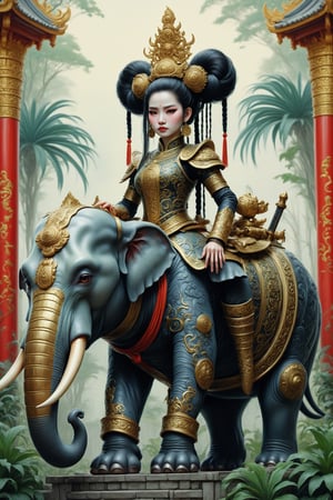 3/4 shot of Lady Triệu, a vietnamese woman warrior. a fusion of elaborate rococo, ancient vietnam, vietnamese gothic punk. she has black hair in elaborate braids and buns. she has round large big copper eyes. she is vietnamese. she wears an elaborate ancient vietnamese female warrior outfit. she sits on an elephant holding a sword above her head outside a traditional vietnamese palace. perfect female anatomy, goth person, pastel goth, dal, Gaelic Pattern Style, 3/4 shot Triệu Thị Trinh