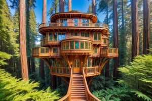 ((masterpiece)), (((best quality))), ((ultra-detailed)), beautiful elaborate exclusive realistic intricate detailed fantastical treehouse deep in a lush green redwood forest,  the tree house is spacious, 3 stories high. big clear glass windows, gorgeous art nouveau style architecture, there is a spiral staircase up to the 2nd and 3rd floors, there is a large wooden deck around the perimeter of the treehouse, shafts of light shine through the canopy, beautiful blue sky,,aw0k euphoric style,aw0k euphoricred style, long shot from above looking down
