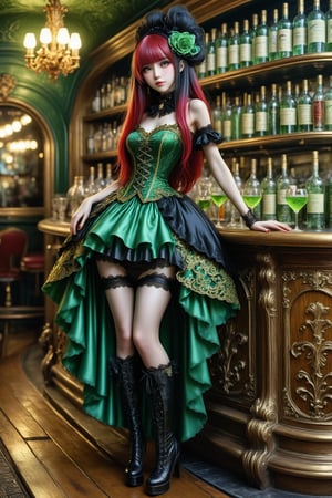 full body shot, side view a beautiful stunning french woman, standing to the right side of a bar in a french absinthe bar at night. (((on the bar counter are bottles and glasses of green absinthe))) (((her outfit is a fusion of elaborate rococo, high fashion with brocade patterns high-low skirt, luxurious fabrics in rich colors of gold, red, black))) knee high boots. she has large, round eyes. straight long vivid colorful hair with fringe and bangs. perfect female anatomy, goth person, pastel goth, dal, Gaelic Pattern Style,