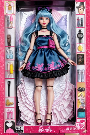 inboxDollPlaySetQuiron style, gift box,  playset, doll inside enclosed box, blister package, full body, cover page, blister box, toy, character print, doll enclosed in box, toy playset pack, in a decorative doll gift box with illustrations and pictures, elaborate doll clothes, cute detailed licca chan girl doll with vivid blue hair, and big blue eyes, full body doll in box, inside the box are several doll accessories like purses, jewelry, shirt, skirts, stockings, shoes, doll joints, perfect hands and fingers