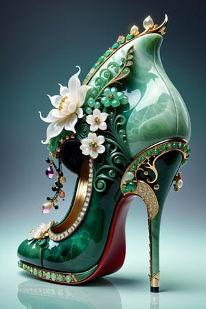 digital art, 8k, picture of a high heel woman's shoe, the shoe is made out of jade, extravagant, whimsical, side view of shoe beautiful, highly detailed, whimsical, fantasy, ,more detail XL