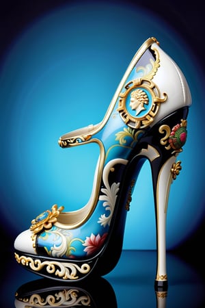 digital art, 8k,  picture of one high heel woman's shoe, the shoe has Versace Medusa Gala pattern, made of bone china, whimsical, side view of shoe beautiful, highly detailed, whimsical, fantasy,,more detail XL