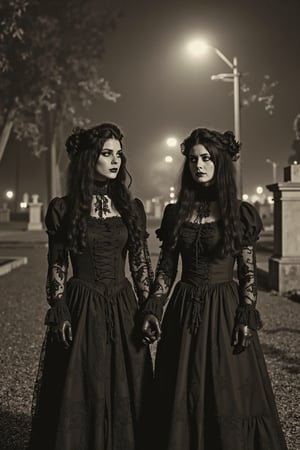 a realistic, detailed, photograph portrait, b&w black and white sepia photo, two beautiful gothic twins, elaborate gothic dresses, long black hair in elaborate braids and buns, dark gothic make-up are standing in a cemetary at night holding hands. they are in their gothic costumes. the atmosphere is eerie and strange.