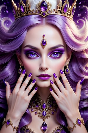 digital art, portrait of The Queen of Amethyst, 8k, amethyst colored hair, amethyst colored eyes, beautiful, highly detailed, whimsical, fantasy, perfect hands, manicured nails, 