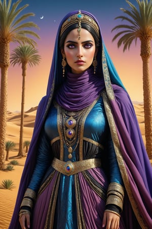 cinematic dynamic 3/4 shot of Queen Mavia, Mawiyya, an Arab queen in southern Syria in the 4th century Arabia. a fusion of elaborate rococo, ancient arab, arab gothic punk. she has black hair in elaborate braids and buns. she has round large big copper eyes. arabic syrian. she wears an elaborate ancient arabic Abaya Jilbab or Chador Niqab outfit with intricate patterns in colors of purple, blue, gold, red, black. detailed background of nomadic desert tent, camel, palm trees, middle eastern desert at night ancient syria. perfect female anatomy, goth person, pastel goth, dal, Gaelic Pattern Style, cinematic, dynamic 3/4, Queen Mavia