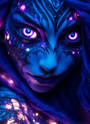 close up portrait (sacred night and elf puppet),(ultra-fine HDR),extremely delicate and beautiful girl, glowing intricate human detailed eyes, glowing tattoos on face, glowing translucent irradescent orb, big long purple hair, hidden hands