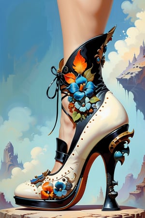 digital art, 8k, picture of a high heel woman's shoe, the shoe is inspired by the art of Frank Frazetta 1969, chunky heel, whimsical, side view of shoe beautiful, highly detailed, whimsical, fantasy, ,more detail XL