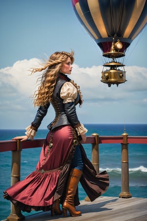 side view, wide view long shot. by john william waterhouse, pre-raphaelite, a beautiful steampunk slim, tall young woman standing on  wooden pier next to the ocean. she has curly long blonde hair blowing in the wind. she wears an elaborate steampunk victorian outfit, long steampunk earrings, elaborate syeampunk necklaces, jacket, cloak and boots. in the background is a steampunk lighthouse, in the sky are a steampunk hot air balloon and steampunk airship. john william waterhouse, pre-raphaelite, perfect female anatomy.