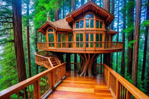 long shot ((masterpiece)), (((best quality))), ((ultra-detailed)), beautiful elaborate realistic intricate detailed fantasy treehouse deep in a lush green redwood forest,  the tree house is spacious, 3 stories high. big clear glass windows, gorgeous art nouveau style architecture, there is a spiral staircase up to the 2nd and 3rd floors, there is a large wooden deck around the perimeter of the treehouse, shafts of light shine through the canopy, beautiful blue sky,,aw0k euphoric style,aw0k euphoricred style, long shot from above looking down
