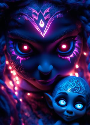 close up portrait (sacred night and elf puppet),(ultra-fine HDR), extremely delicate and beautiful girl with white traslucent opalescent skin, closed mouth, glowing intricate round human detailed eyes, glowing intricate tribal tattoos on face, glowing floating translucent orbs, vivid purples, reds, blue colors