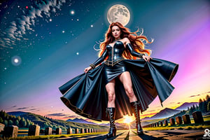 High definition vivid masterpiece, a beautiful witch woman, elaborate spikey super long, messy red hair, blowing hair, green glowing big intricate detailed eyes, realistic, velvet elaborate dress, elaborate jewelry, night time, gothic castle, gravestones, full moon, starry sky, glowing full moon, light shafts, detailed background, boots, full body, Makeup,Masterpiece, full body,realistic, 
