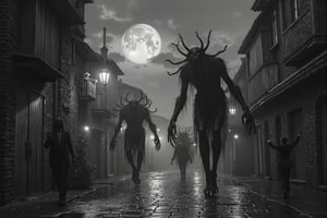 long shot, full body shot, a realistic, detailed, photograph, b&w black and white photo, showing a group of large giant demonic, horrific, scary, beings, entities about 12 feet tall, long hands, long fingers, with sharp claws. they are walking and floating floating down an abandoned cobblestone street in an abandoned middle ages town. all of the demonic entities are evil, scary and meanacing. the houses in town are shuttered, lanterns with lit candles, dark storm, night time, clouds in the sky, rain falling, windy, very dark night time sky, full moon partially obscured by dark clouds,
