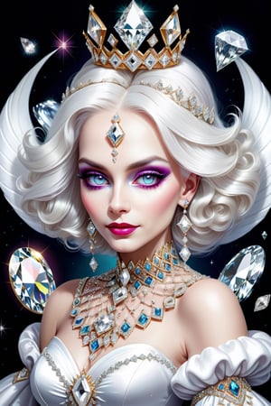 digital art, portrait of The Queen of diamonds, 8k, white diamond colored hair, diamond colored eyes, adorned in diamonds, white, beautiful, highly detailed, whimsical, fantasy, 