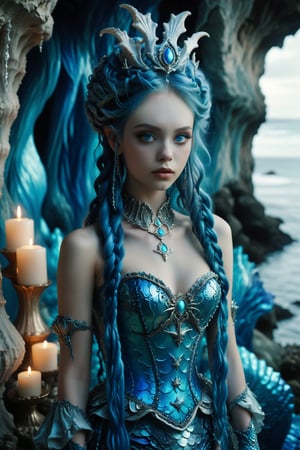 1girl,solo,full body shot of a mermaid princess, in elaborate mermaid style form fitting fashion. gown, crown made of shells, blue and silver colors, sleeveless elaborate rococo corset-style bodice. extremely long vivid blue hair in elaborate braids and buns. Large expressive blue eyes, light blue skin, Opulent sea cave dwelling backdrop with candles, sea trinkets, seahorses, starfish, Soft, dreamy lighting. Blend of kawaii, gothic, royal, and Arabian Nights aesthetics