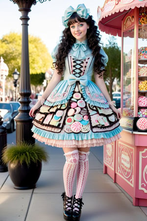 full body shot, beautiful happy young 17-year old girl model with jet black extra long curly hair discheveled and floating in the wind, decorative clips and adornments in her hair. she has light blue eyes, perfect pale skin and cute smile on her face. the girl is wearing a high fashion elaborate sweet lolita outfit, intricate patterns, cute stockings, frilly, elaborate embroidery, lace, bows, tassels, inspired by Innocent World, Victorian Maiden and Mary Magdalene fashions, cute high heeled boots, and she has perfect manicured hands. she is holding a very cute designer lolita purse handbag. the detailed elaborate background behind the girl is an elaborate upper class cluttered style candy store filled by many different types of candies and confections including big colorful lolipops, cotton candy, chocolate fountain, marshmellows, bubble gums, multi colored hard candies in glass canisters, cookies, full body shot 