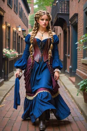 long shot full body shot. by john william waterhouse, pre-raphaelite, a beautiful pre-raphaelite victorian, tall young woman walks down acorn street in boston, massachusetts usa at night. she has long blond curly hair in elaborate braids and buns and blue eyes. she wears an elaborate victorian outfit, long earrings, elaborate necklace, corset, long skirt, jacket, victorian black boots. john william waterhouse, pre-raphaelite, perfect female anatomy.