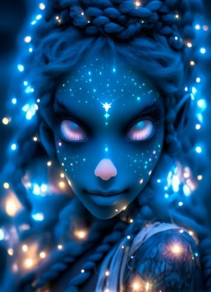 close up portrait (sacred night and elf puppet),(ultra-fine HDR), extremely delicate and beautiful girl, glowing intricate round human detailed eyes, glowing tattoos on face, glowing floating translucent orbs, blue hair in elaborrate braids and buns 