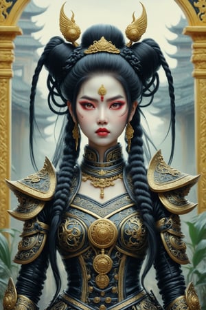 3/4 shot of Lady Triệu, a fierce vietnamese woman warrior. a fusion of elaborate rococo, ancient vietnam, vietnamese gothic punk. she has black hair in elaborate braids and buns. she has round large big copper eyes. she is vietnamese. she wears an elaborate ancient vietnamese female warrior outfit. she stands holding a sword above her head outside a traditional vietnamese palace. perfect female anatomy, goth person, pastel goth, dal, Gaelic Pattern Style, 3/4 shot Triệu Thị Trinh