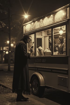 realistic, detailed, photograph, b&w black and white sepia photo of nosferatu buying ice cream from an ice cream truck at night. the atmosphere is eerie and strange.